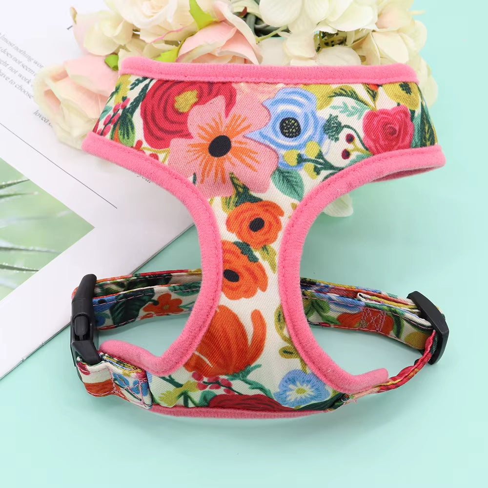 Nylon Girl Dog Harness Flower Printed Nylon Dogs Cat Harness Dogs Pet Harness Vest Adjustable for French Bulldog Chihuahua